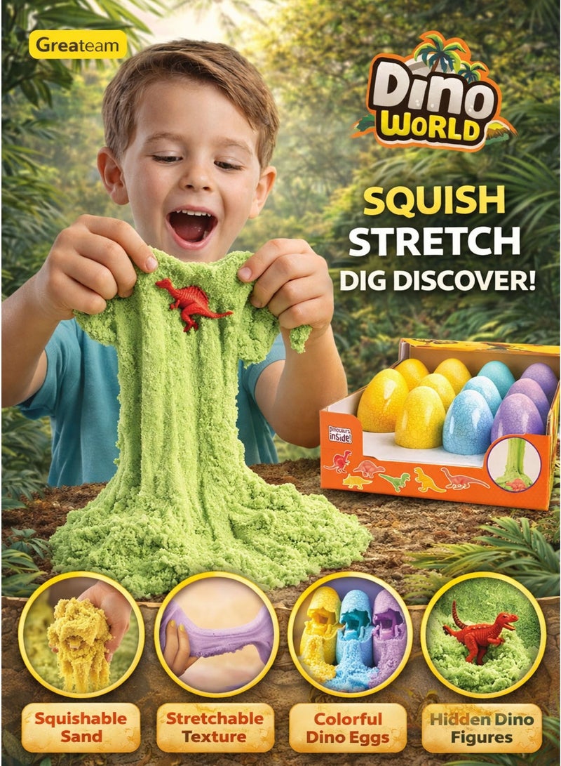 Greateam Dino World Great Sand Eggs Set of 12 PCS 118-120G Flowing Kinetic Sand with 1 Surprise Dinosaur Figure Inside Each Egg 4 Colors (Blue Purple Green Yellow) Boron Free EN71 Certified Safe Sensory Stretchy Sand Toy for Kids Boys & Girls Ages 3+ Educational Learning Gift Party Favors Collectible Dino Figures - Image 1
